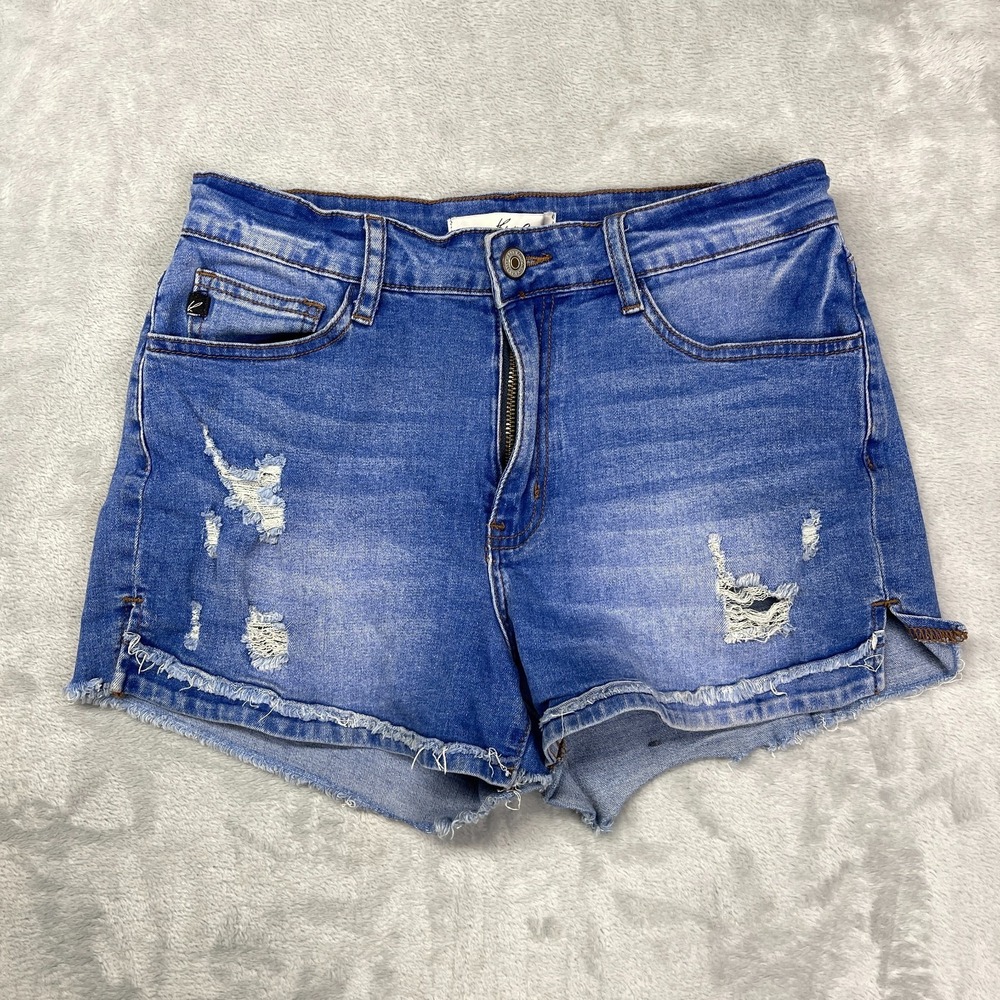 KanCan Jean Shorts Womens 9/28 Blue Distressed Flat Front Stretch Frayed Hem